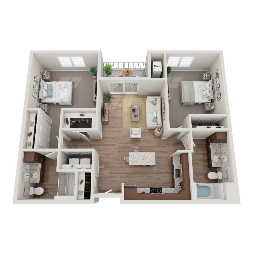 Floor plan for 2 beds, 2 baths, 982 sqft